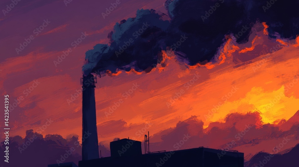 Poster black smoke slowly dispersing into the atmosphere from a factory stack, mixing with a dramatic sunse
