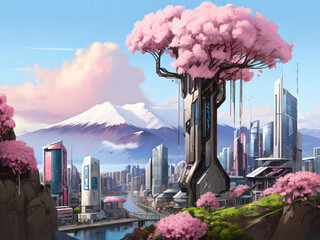 Futuristic Majestic Cityscape Cyberpunk Progress Future City Blue Sky Morning View