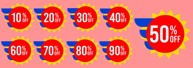 10% off 20% off 30% off 40% off 50% off 60% off 70% off 80% off 90% off ten twenty thirty forty fifty sixty seventy eighty ninety percent off, retail discount, promotion, sale, percentage, set.