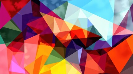 Vibrant, abstract polygonal artwork with overlapping, multicolored triangles creating a dynamic composition