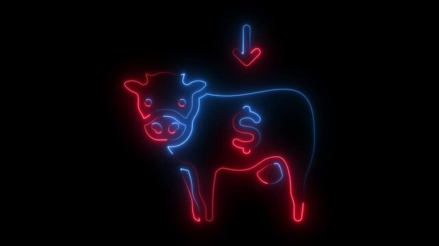 Glowing neon cow icon pulses with a  arrow dollar icon isolated on black background. 4k Video motion graphic animation.