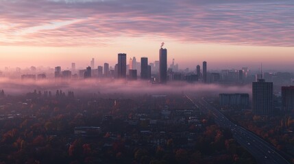 Obraz premium City skyline at dawn, soft morning light piercing through thick clouds, urban road stretching ahead.