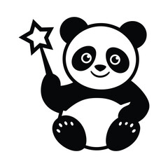 Cute Panda with a Magic Star Wand, Magical Panda with Star Wand Illustration