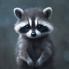 close up of a raccoon, dark background