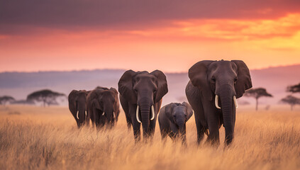 Fototapeta premium Family of Elephants in the Wild with Golden Sunset Sky