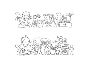 Geography science and school lesson concept. Travel poster with hand drawn people on mountains with spyglass, compass, hot air balloon and road guidepost. Vector doodle illustration