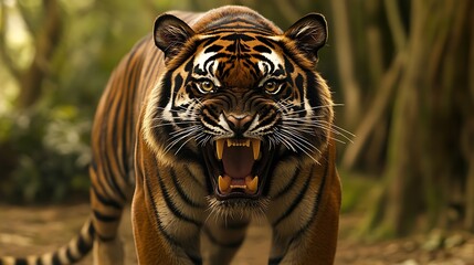 Roaring Tiger Showing Teeth in Jungle Environment, Wild Animal Portrait