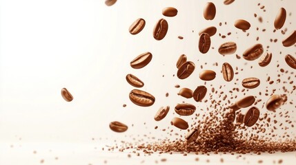 Obraz premium Coffee beans falling, studio, background white, advertisement
