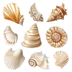 My Very Simple flat 2D icon of a Collection of seashell elements isolated on a transparent background, vector, flat design, simple flat 2D icon, eps format
