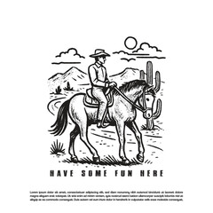 Hand drawn cowboy riding his horse in the middle of the desert illustration