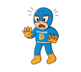 Cartoon superhero character representing Vitamin D, wearing a dynamic costume with a sun symbol and the letter "D" on the chest. The character is designed in a fun, energetic style with a bright color