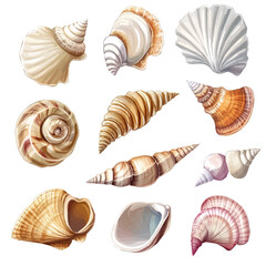 A Very Simple flat 2D icon of a Collection of seashells isolated on a transparent background, vector, flat design, animation design, vector, simple flat 2D icon, minimalist, eps format