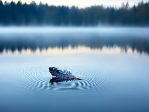 Feather Floating on Calm Water Creating Ripples in a Misty Lake