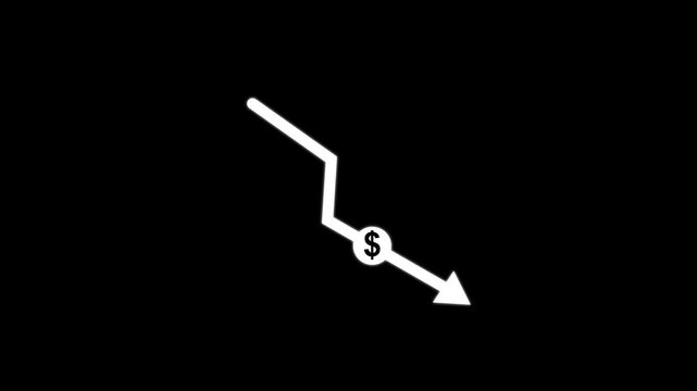 Money crisis icon, Financial crisis vector icon, Dollar rate decrease vector line icon, Money symbol with down arrow, falling arrow infographic glyph icon. animation with black background