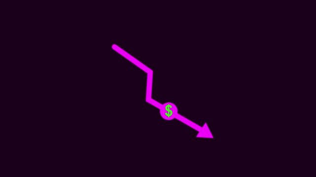 Money crisis icon, Financial crisis vector icon, Dollar rate decrease vector line icon, Money symbol with down arrow, falling arrow infographic glyph icon. animation with black background