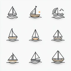 Different styles of sailing boats illustrated on a simple background in a grid format