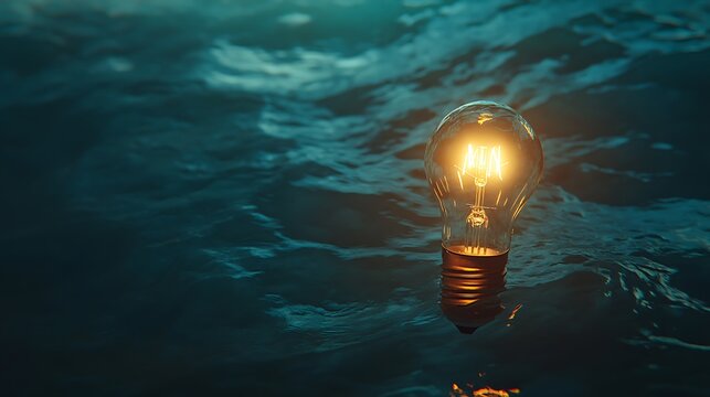 Glowing Light Bulb Floating on Dark Water Surface Idea Concept