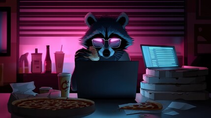 The charming raccoon, sporting sunglasses, enjoys a pizza slice in a neon-lit café, making for a delightful and humorous portrayal of contemporary leisurely life infused with vibrant colors.