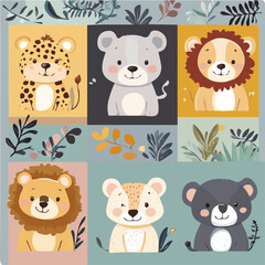A Very Simple flat 2D icon of a Collection of cartoon Bohemian nursery wild animals isolated on a transparent background, vector, flat design, animation design, vector, simple flat 2D icon, minimalist