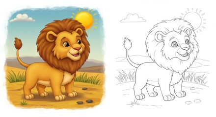 Cartoon lion character in vibrant colors against a sunny landscape. Coloring book or page with colored example.