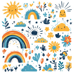 A Very Simple flat 2D icon of a Collection of doodles rainbows sun with clouds and flowers isolated on a transparent background, vector, flat design, animation design, vector, simple flat 2D icon