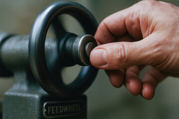 hand adjusts feedwheel on lathe in workshop, showcasing craftsmanship and precision in shop environment
