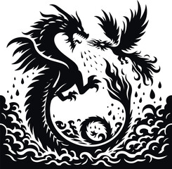 Deep Sea Monster Leviathan battling a fiery Phoenix in the sky