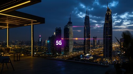 Naklejka premium 5g technology revolution in urban architecture dubai skyline night view modern environment futuristic concept