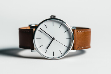 Stylish designer wristwatch with leather strap minimalist design studio photography modern environment close-up view timeless concept for fashion enthusiasts