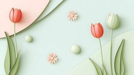 Minimal Pastel Tulip and Daisy Abstract Illustration – Soft Floral Paper Art Background with Gentle Curves for Spring, Mother's Day, or May Themes.