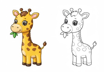 Cute cartoon giraffe holding a leaf in vibrant color and outline. Coloring book or page with colored example.