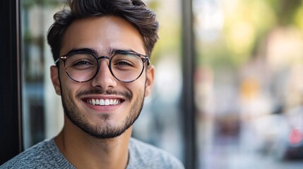 Obraz premium Happy young man with glasses is smiling