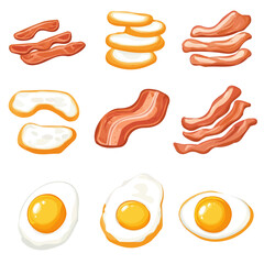  A Very Simple flat 2D icon of a Collection of bacon and eggs set illustrations isolated on a transparent background, vector, flat design, animation design, vector, simple flat 2D icon, eps