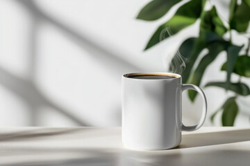Elegant minimalist ceramic mug with steam rising modern indoor setting lifestyle photography natural light tranquil environment for coffee lovers
