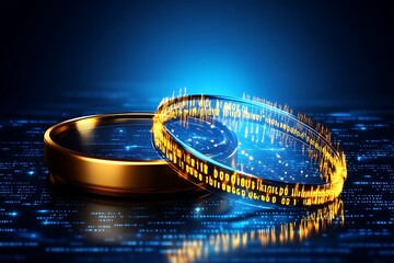 Golden rings interwoven with glowing digital code.