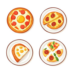 A Simple flat 2D icon, breakfast pizza set isolated on a transparent background, vector, flat design, animation design, simple flat 2D icon, minimalist design, clipart, illustration