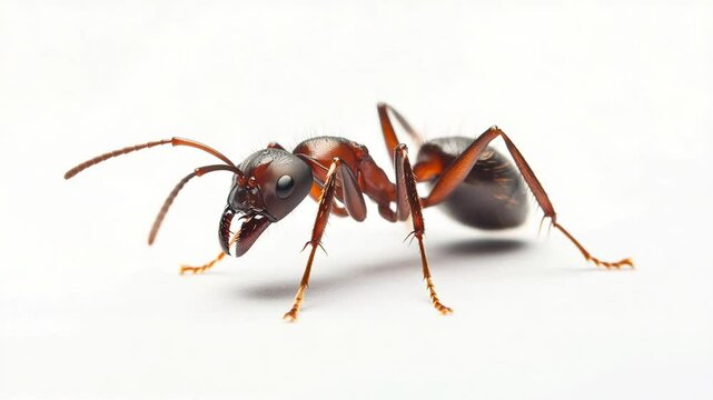 Detailed Macro View of a Red Ant, Exploring Anatomy and Behavior on White Backdrop