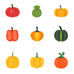 A Simple flat 2D icon of a set of colorful pumpkins collection isolated on a transparent background, vector, flat design, animation design, simple flat 2D icon, minimalist
