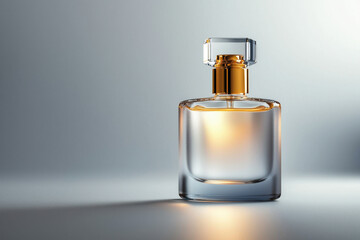 Elegant glass perfume bottle with gold cap studio setting product photography minimalist environment close-up view luxury concept for perfume enthusiasts