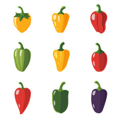 A Simple flat 2D icon of a set of colorful bell peppers collection isolated on a transparent background, vector, flat design, animation design, simple flat 2D icon, minimalist
