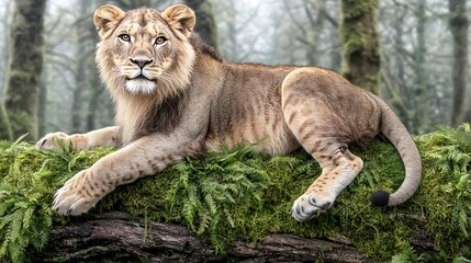 Fototapeta premium Majestic lion cub resting on a mossy log in a misty forest.
