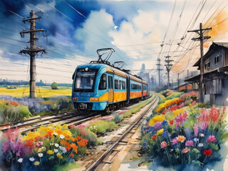 Watercolor Train on the Railway - Rail Transport on Flower Landscape Poster
