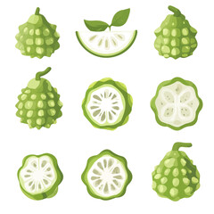 A Simple flat 2D icon of a sliced cherimoya collection set isolated on a transparent background, vector, flat design, animation design, simple flat 2D icon, minimalist design, clipart, illustration