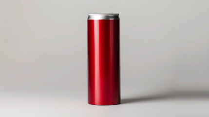 A Sleek, Cylindrical Red Can Standing Tall on a Softly Lit Gray Surface, Emphasizing its Smooth Texture and Minimalist Design