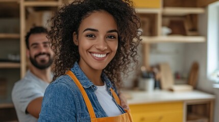 A couple happily collaborates to install vibrant kitchen cabinets in their home. Their expressions showcase satisfaction and teamwork as they transform their living space together.