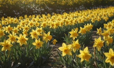 Obraz premium Sunlit field of vibrant yellow daffodils in full bloom, petals glistening , bloom, nature
