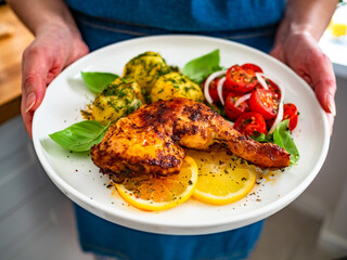 Woman holding plate with baked chicken leg with boiled potatoes and fresh tomato salad