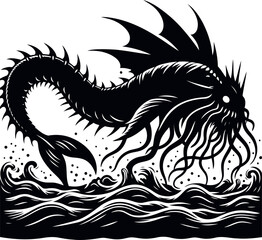 Leviathan Silhouette on Dark Background Ocean Legend in Vector Form