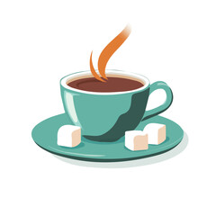 A Simple flat 2D icon of a coffee with sugar cubes set isolated on a transparent background, vector, eps, flat design, animation design, simple flat 2D icon, minimalist design, clipart, illustration