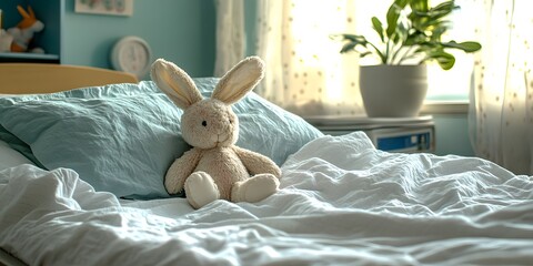 Fluffy�stuffed bunny�rests on a hospital bed adorned with�mint bedding.